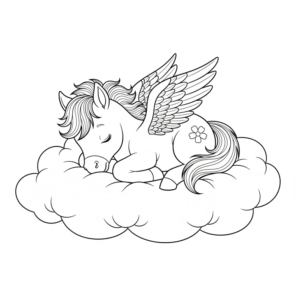 10+ Pegasus Ausmalbilder (Gratis Malvorlage zum Ausdrucken) Süßes Ausmalbild mit einem schlafenden Baby Pegasus auf einer weichen Wolke als PDF zum Ausdrucken für Kinder