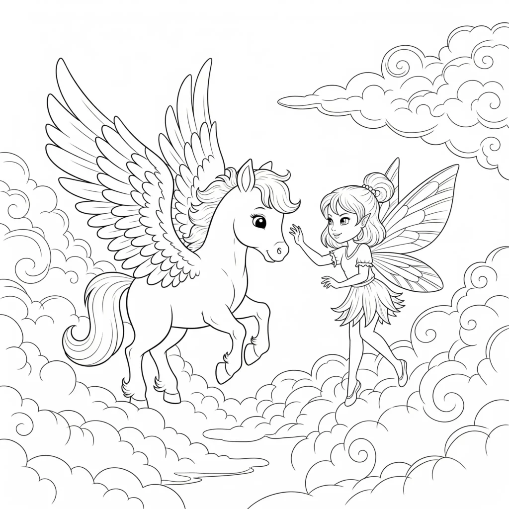 10+ Pegasus Ausmalbilder (Gratis Malvorlage zum Ausdrucken) Ein Baby Pegasus steht neben einer kleinen Fee mit Flügeln. Dieses Ausmalbild ist als PDF erhältlich und ideal für Kinder zum Ausdrucken
