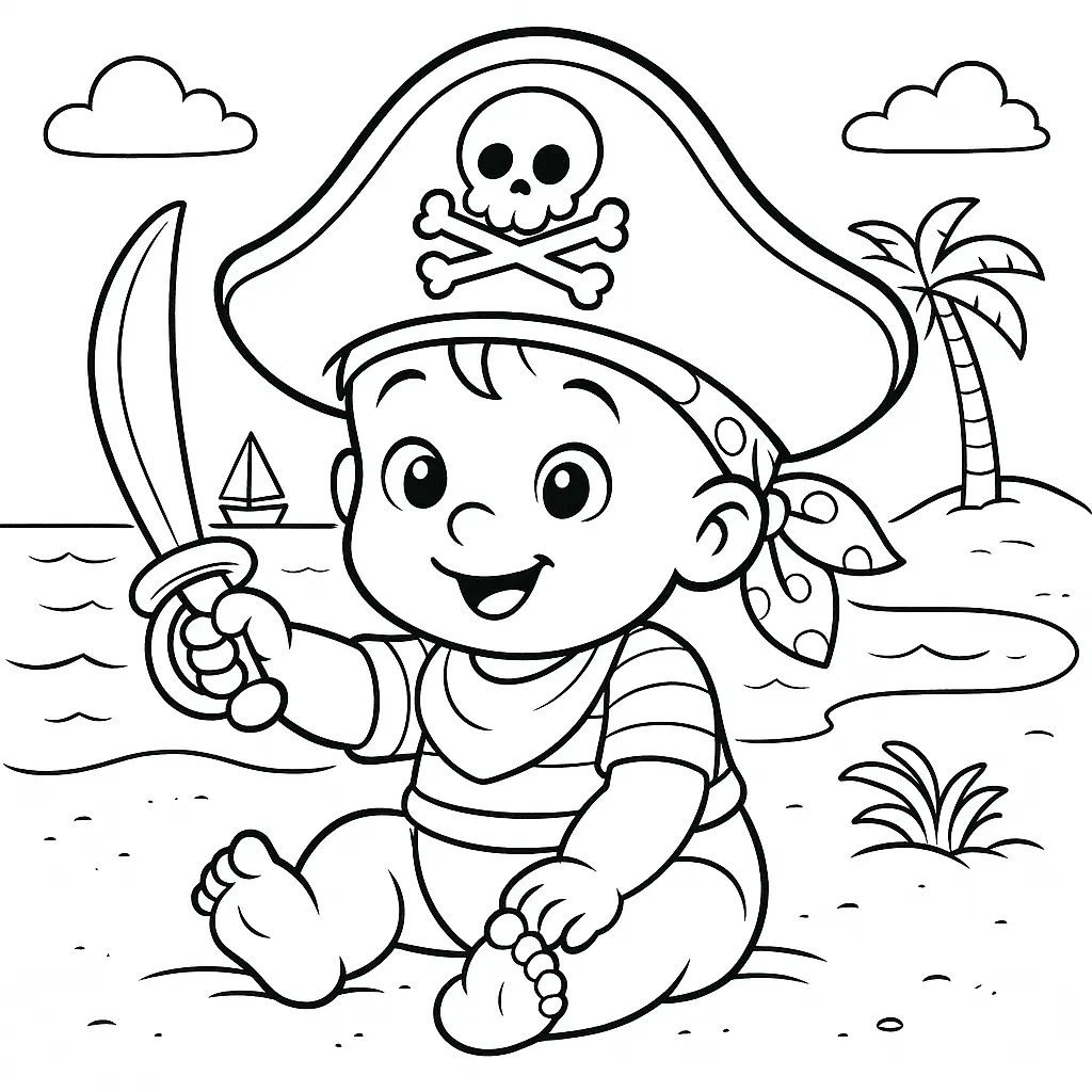 24 Piraten Ausmalbilder (Kostenlose Malvorlage zum drucken) Süßer Baby Pirat mit Piratenhut und Schwert am Strand – Ausmalbild für Kinder