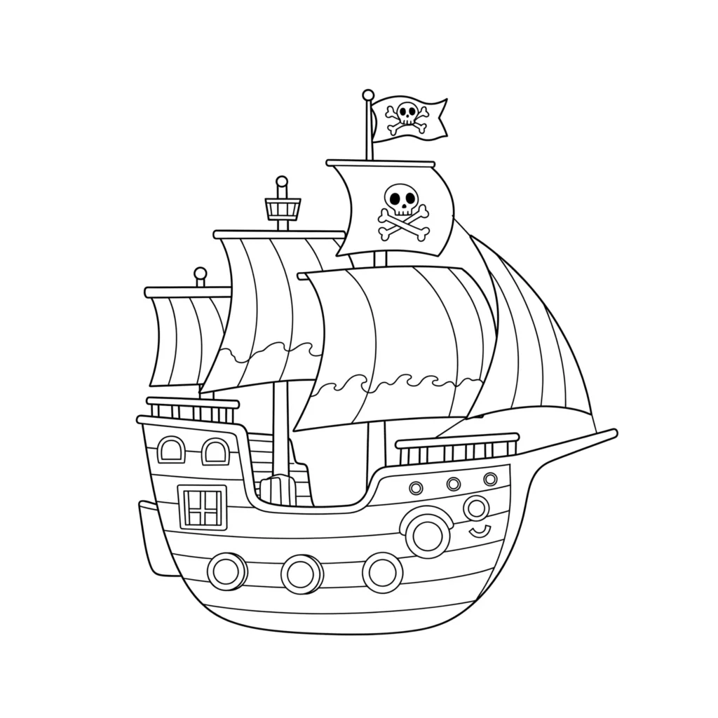16 Piratenschiff Ausmalbilder (Gratis Malvorlage Ausdrucken) Baby Piratenschiff Ausmalbild mit kindgerechtem, einfachem Design – kostenlose Piratenschiff Ausmalbilder als PDF für Kleinkinder und Kinder