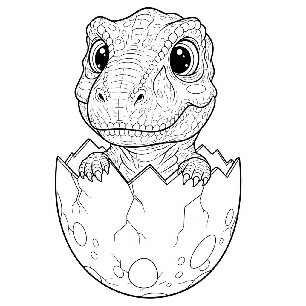 14 T-Rex Ausmalbilder (Gratis Dino Malvorlage zum Ausdrucken) Baby T-Rex Ausmalbild mit einem kleinen Dinosaurier, der gerade aus seinem Ei schlüpft – ideal für kreative Kinderhände.