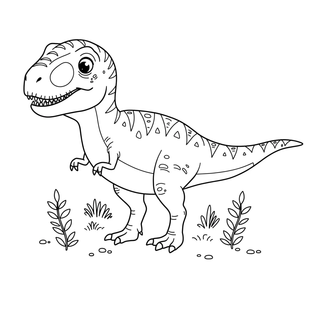 14 T-Rex Ausmalbilder (Gratis Dino Malvorlage zum Ausdrucken) Malvorlage eines niedlichen Baby T-Rex, der neugierig schaut – perfekt für kleine Dinosaurier-Fans zum Ausmalen.