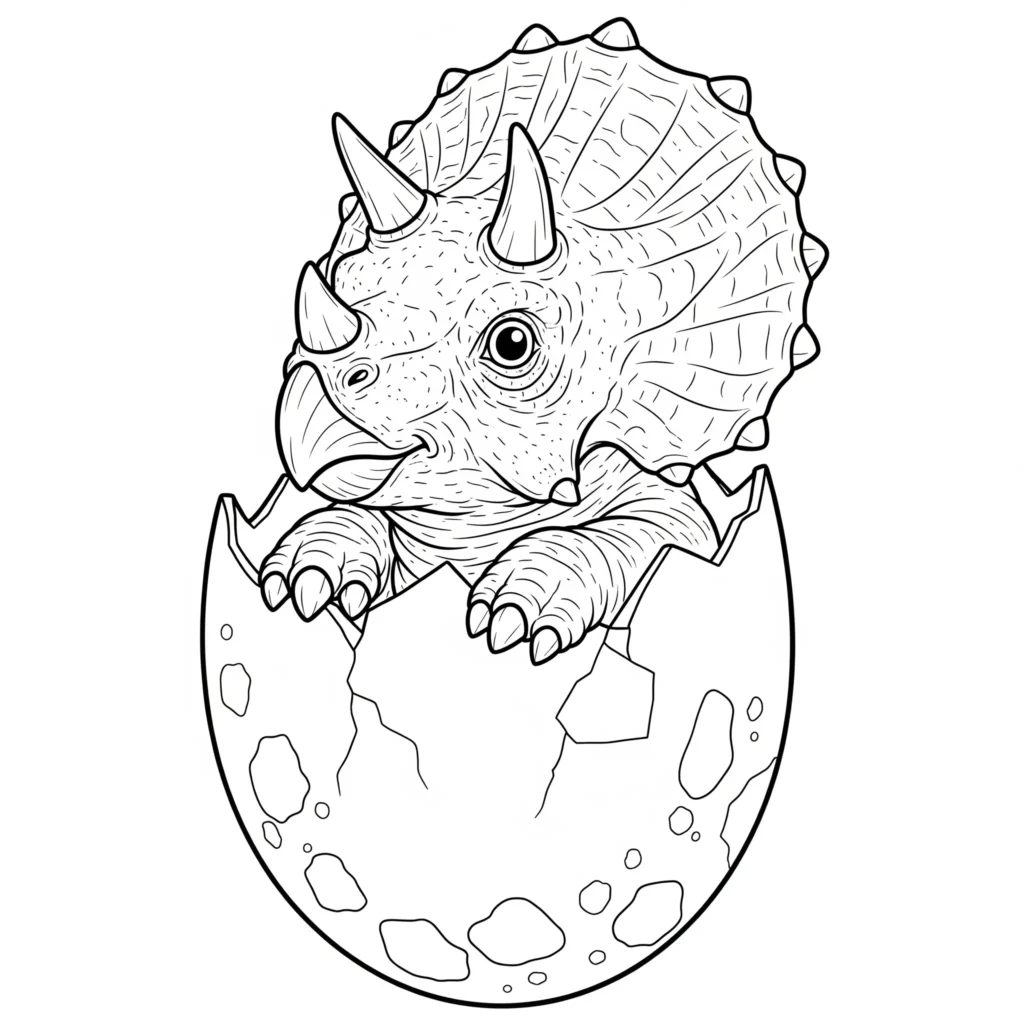 12 Triceratops Ausmalbild (Gratis Dino Malvorlage PDF drucken) Niedliches Baby Triceratops Ausmalbild als PDF Vorlage mit einem Dinosaurier, der gerade aus einem Ei schlüpft, ideal zum Ausdrucken für kleine Kinder