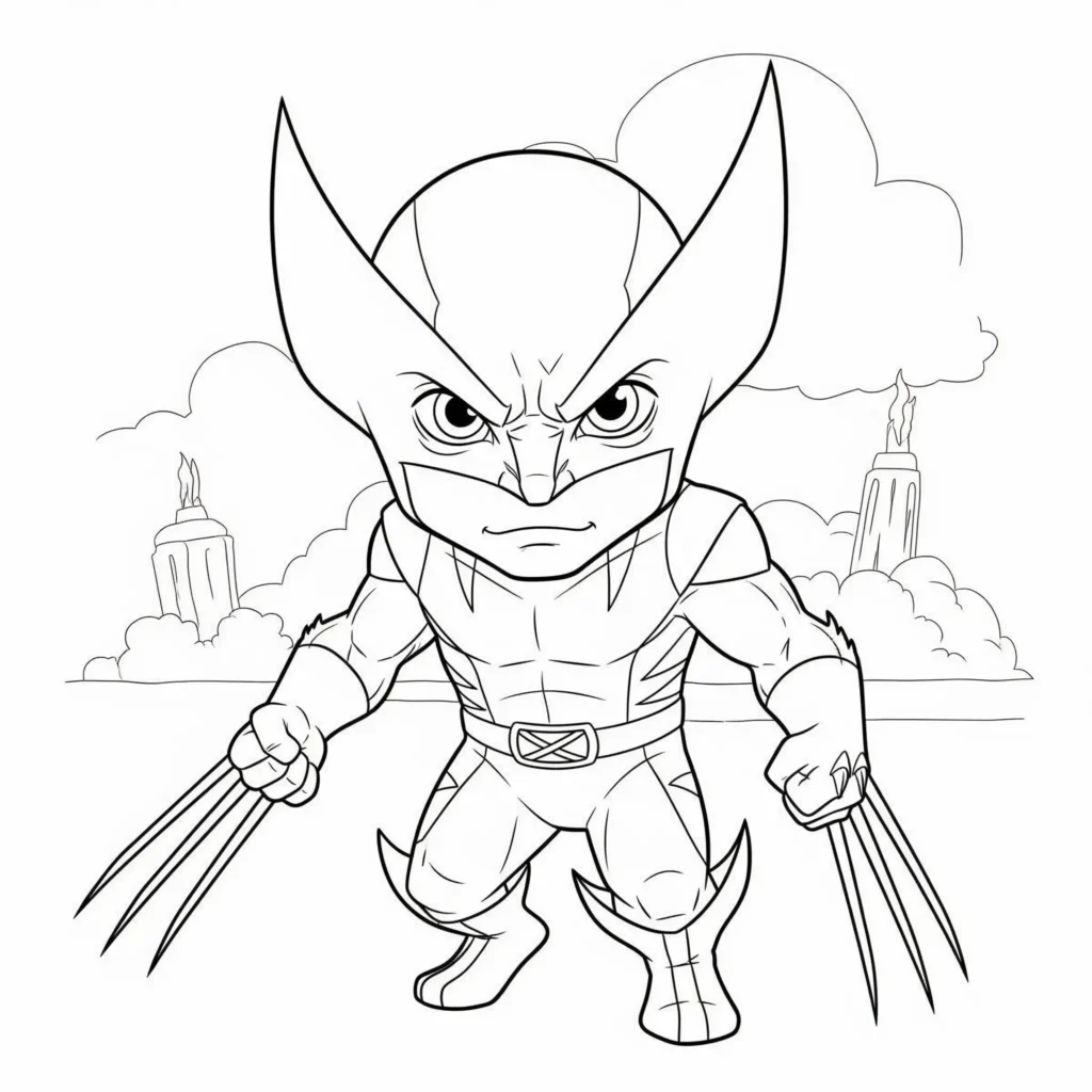 12 Wolverine Ausmalbilder (Superhelden Malvorlage zum drucken) Niedliches Baby Wolverine mit großen Augen und kleiner Maske, im Comicstil gezeichnet – perfekte Ausmalvorlage für Kinder zum kostenlosen Ausdrucken