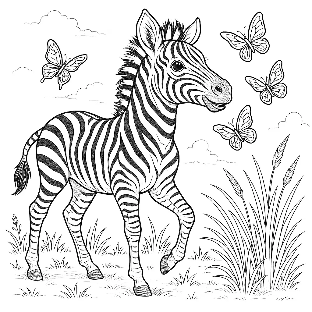 16 Zebra Ausmalbilder (Kostenlos Zebra Malvorlage zum drucken) Baby Zebra Ausmalbild – Junges Zebra spielt auf einer Wiese mit Schmetterlingen als PDF zum Ausdrucken