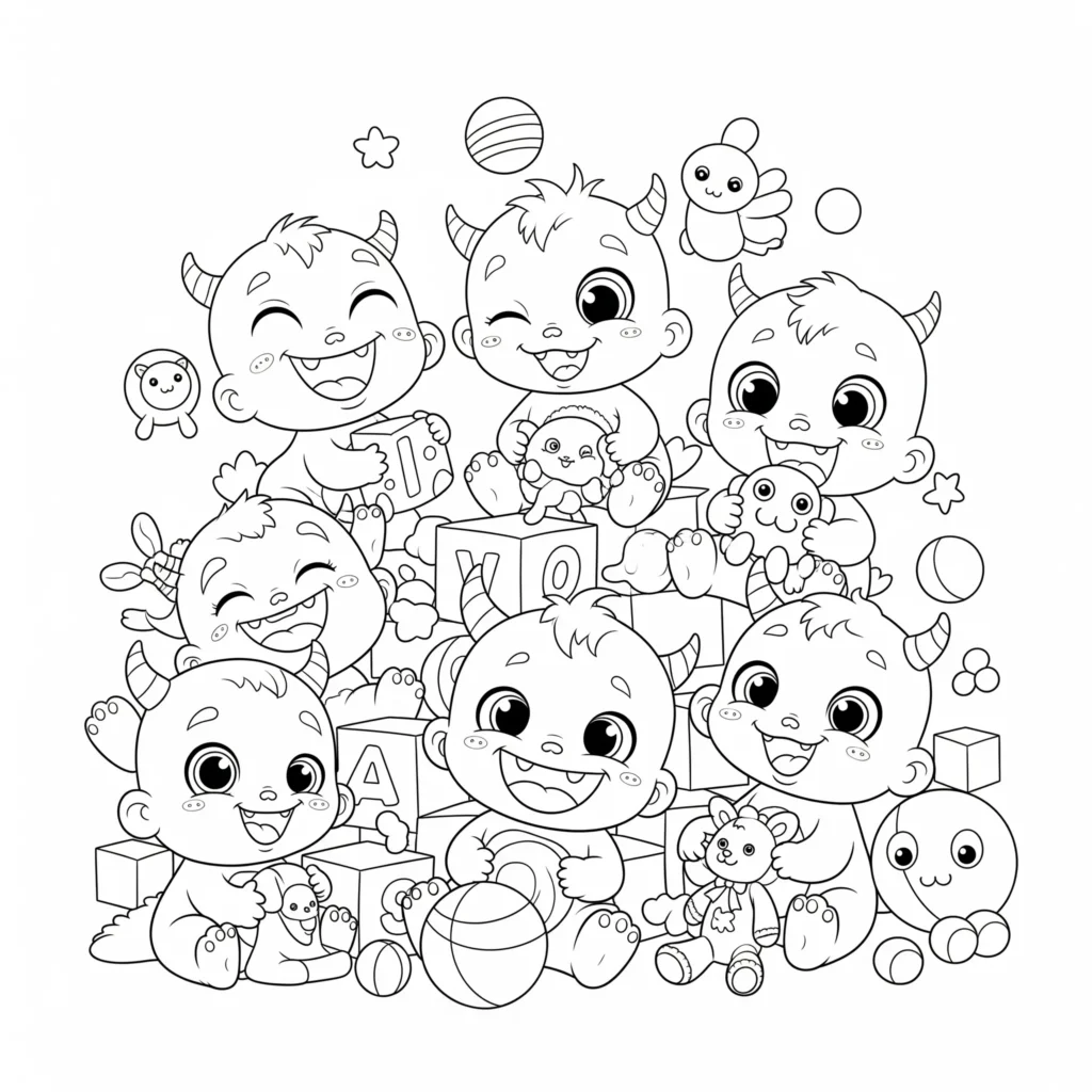 14 Monster Ausmalbilder (Malvorlage für Kinder und Erwachsene) Ausmalbild von Baby Monstern, die spielen, für Kinder zum Ausdrucken und Ausmalen kostenlos