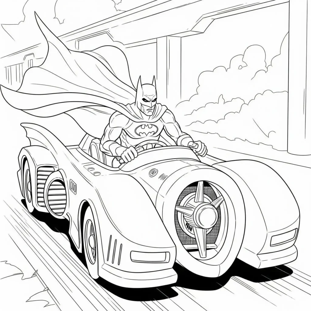 Batman Ausmalbilder (Superhelden Malvorlage zum Ausdrucken) Batman Superheld Ausmalbild zeigt Batman, wie er das Batmobile fährt, zum Ausdrucken und Ausmalen
