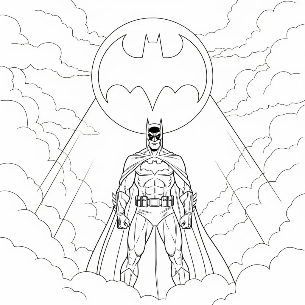 Batman Ausmalbilder (Superhelden Malvorlage zum Ausdrucken) Ausmalbilder Batman mit Bat-Signal im Himmel zum Ausdrucken und Ausmalen für Kinder