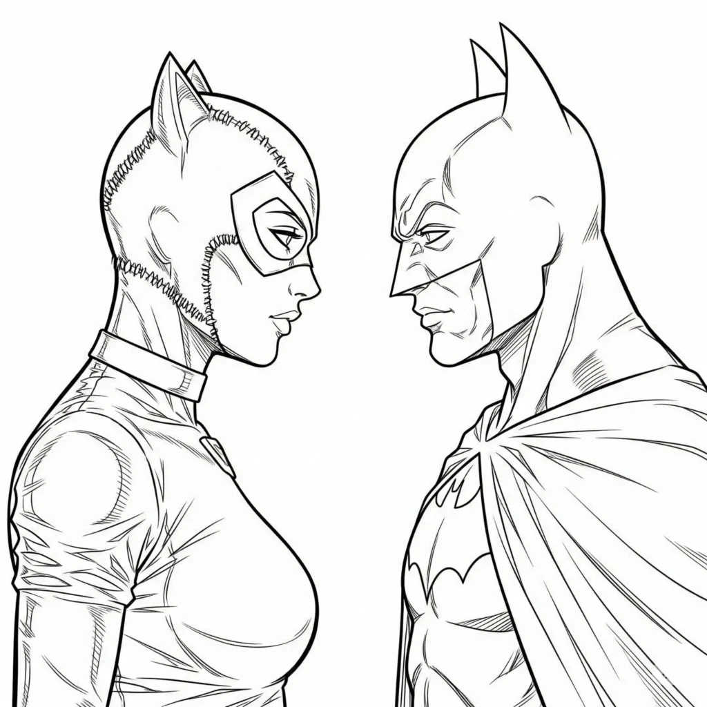 Batman Ausmalbilder (Superhelden Malvorlage zum Ausdrucken) Batman und Catwoman Ausmalbild gemeinsam zum Ausdrucken und Ausmalen für Kinder