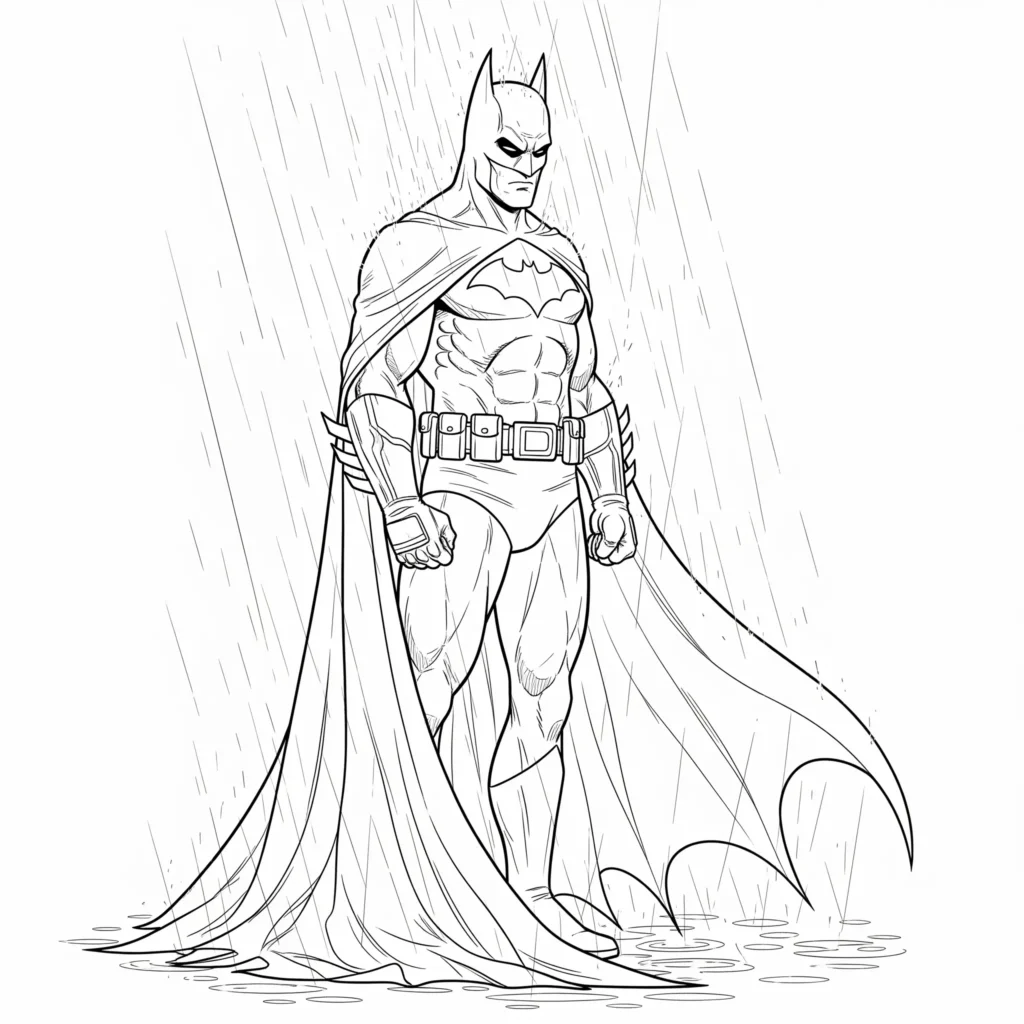 Batman Ausmalbilder (Superhelden Malvorlage zum Ausdrucken) Batman Ausmalbild mit Batman im Regen zum Ausdrucken und Ausmalen für Kinder