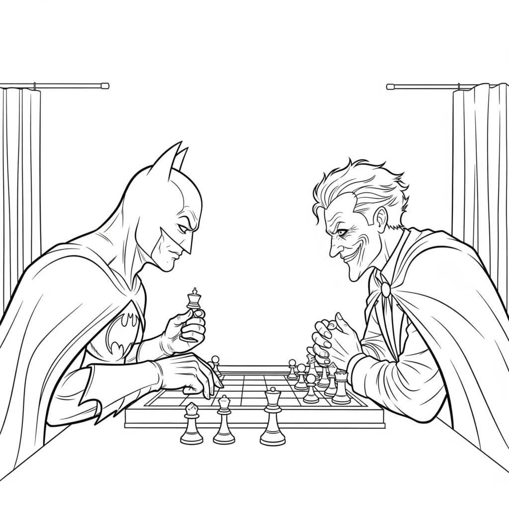 Batman Ausmalbilder (Superhelden Malvorlage zum Ausdrucken) Batman und Joker beim Schachspiel Ausmalbild zum Ausdrucken und Ausmalen für Kinder