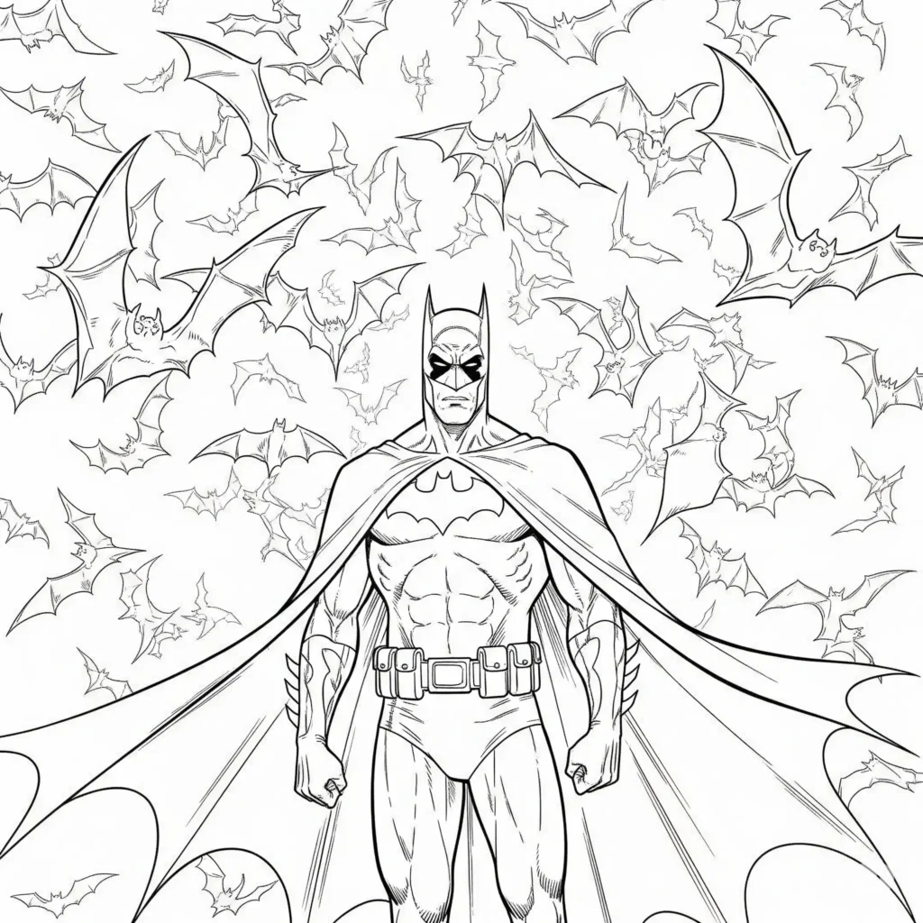 Batman Ausmalbilder (Superhelden Malvorlage zum Ausdrucken) Batman Ausmalbild mit Fledermäusen zum Ausdrucken und Ausmalen für Kinder