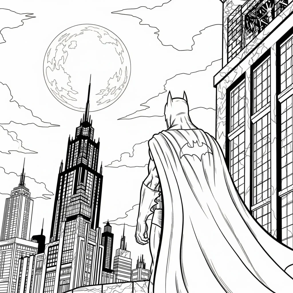 Batman Ausmalbilder (Superhelden Malvorlage zum Ausdrucken) Batman Malvorlage mit Batman, der nachts auf einem Dach steht, zum Ausdrucken und Ausmalen