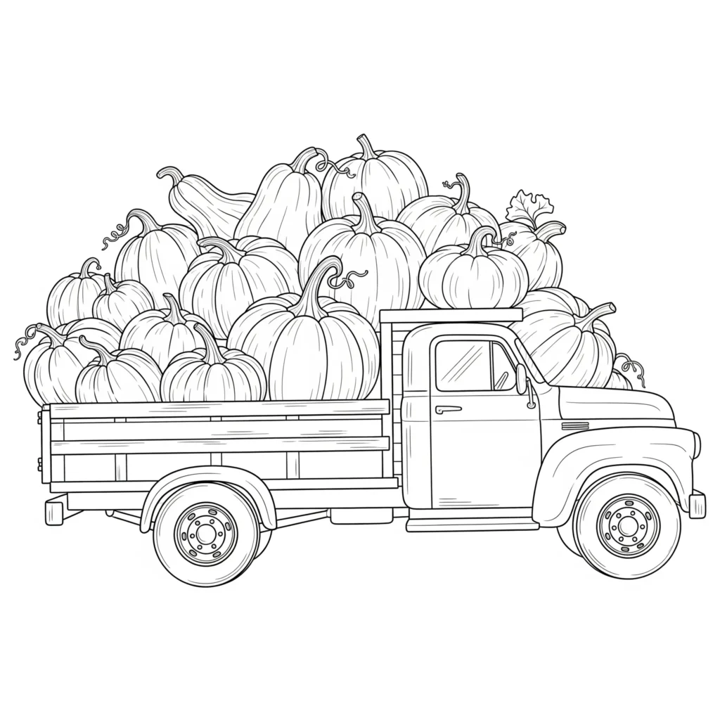 Ein Bauerntruck ist voll beladen mit großen Kürbissen auf dem Feld. Kinder können den Truck, die Kürbisse und die herbstliche Umgebung bunt gestalten.