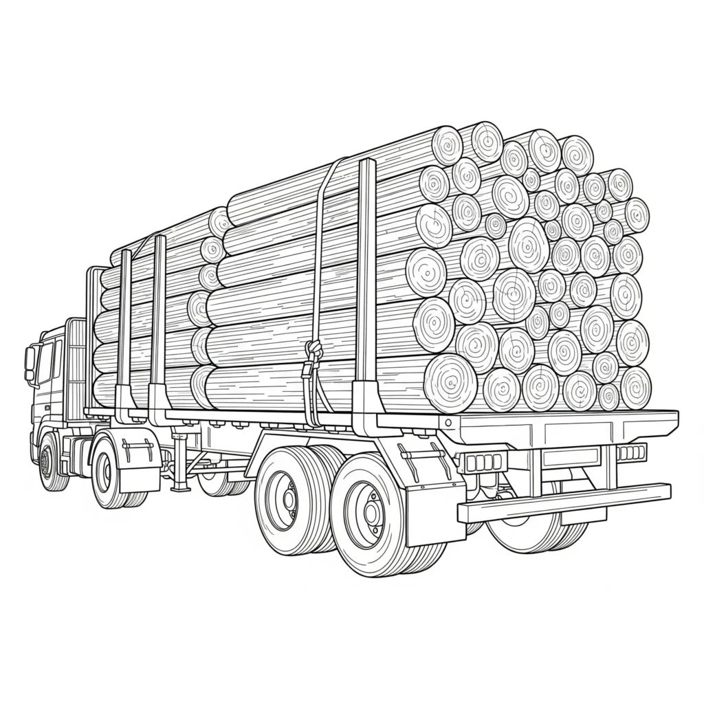 10+ LKW Ausmalbilder (Kostenlos Malvorlage zum Ausdrucken) Ausmalbild eines LKWs mit voller Ladung auf der Ladefläche, passend für Kinder als einfache LKW Malvorlage zum Ausmalen
