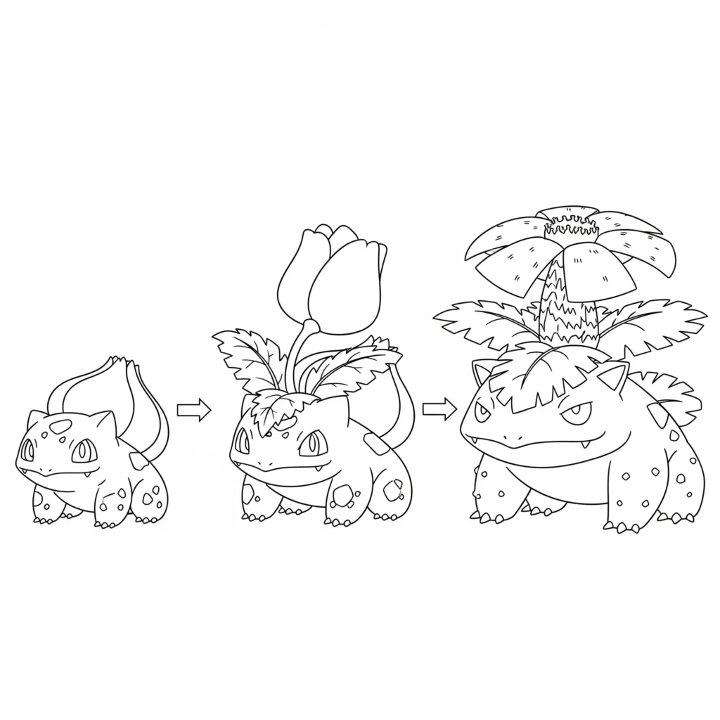 16 Bisasam Ausmalbilder (Gratis Pokémon Malvorlage drucken) Ausmalbild mit bisasam, bisaknosp und bisaflor in einer reihe – ideal zum ausdrucken als pdf für fans, die die entwicklung der pokemon malen möchten