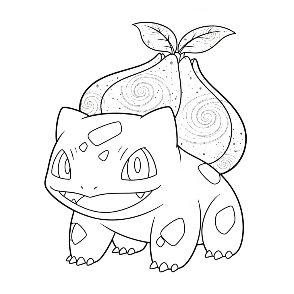 16 Bisasam Ausmalbilder (Gratis Pokémon Malvorlage drucken) Bisasam mit einer blüte im galaxie-muster auf dem rücken – fantasievolles ausmalbild für kinder oder erwachsene als kostenlose pdf-vorlage zum drucken