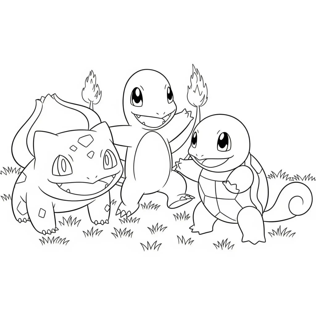 16 Bisasam Ausmalbilder (Gratis Pokémon Malvorlage drucken) Bisasam spielt mit glumanda und schiggy auf diesem ausmalbild – eine pdf vorlage zum ausdrucken für kinder, die spaß an den starter-pokemon haben