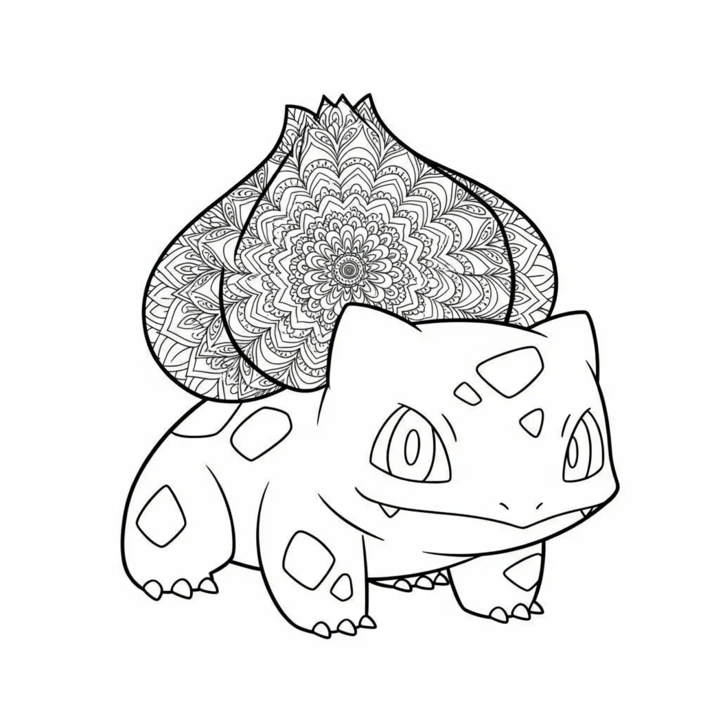 16 Bisasam Ausmalbilder (Gratis Pokémon Malvorlage drucken) Bisasam trägt ein mandala-muster auf dem rücken – ein kreatives ausmalbild im pdf-format zum ausdrucken für kinder oder entspannte malstunden zuhause