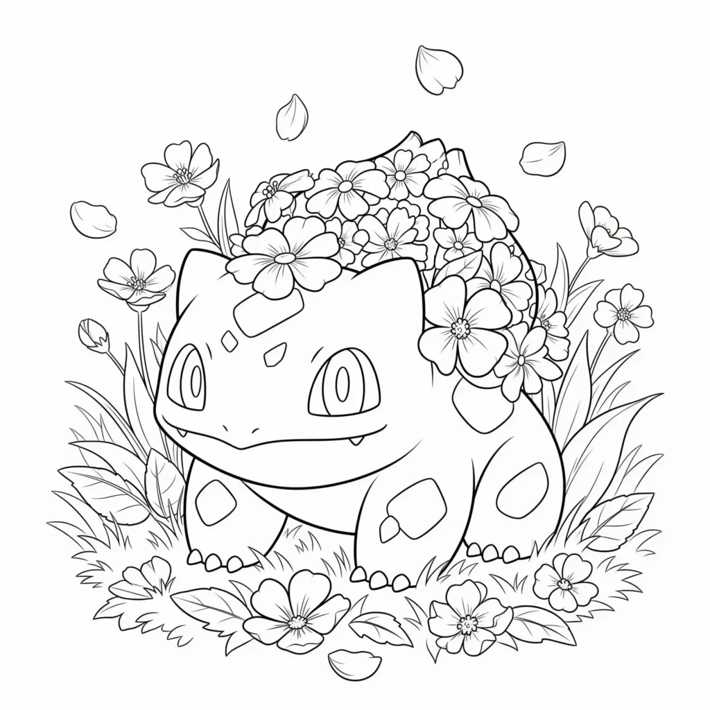 16 Bisasam Ausmalbilder (Gratis Pokémon Malvorlage drucken) Bisasam mit blumen, die aus seiner knospe wachsen – ein liebevoll gestaltetes ausmalbild als pdf für kinder und erwachsene zum ausdrucken