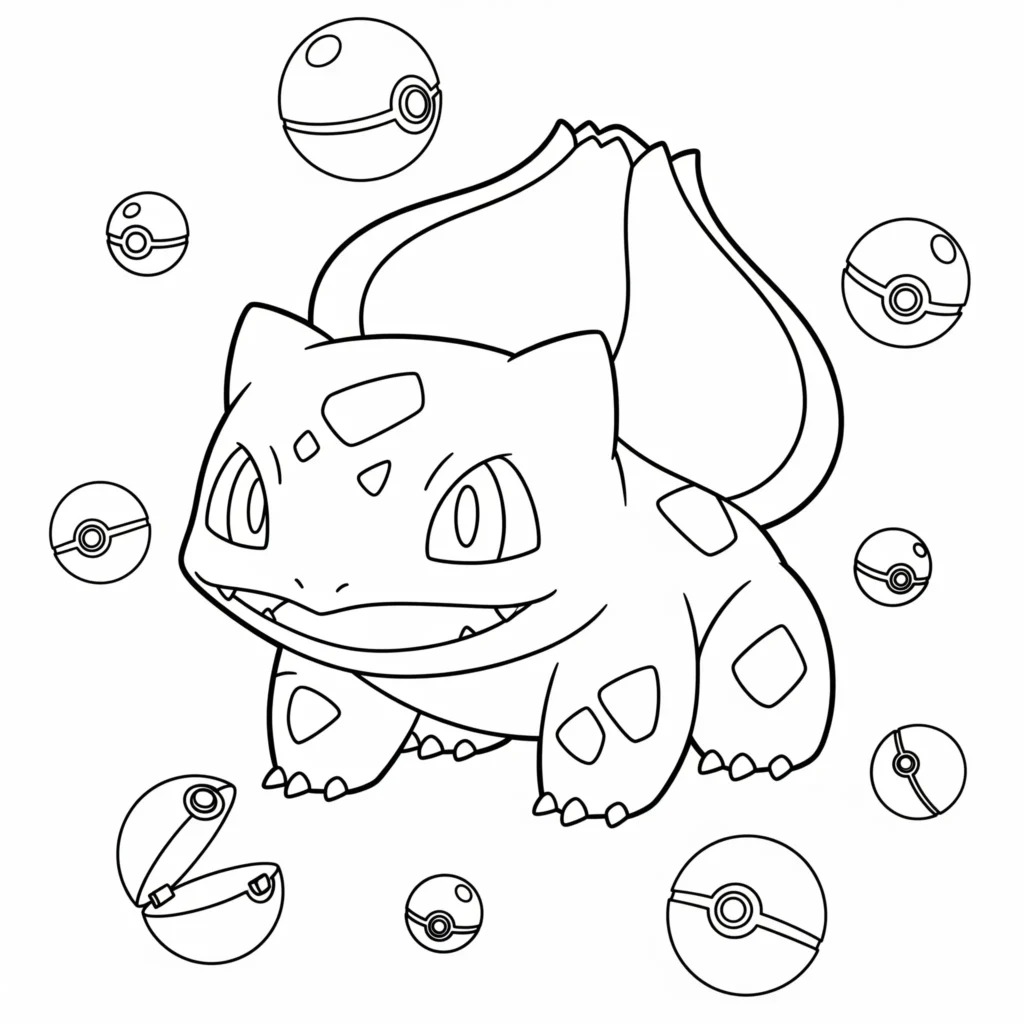 16 Bisasam Ausmalbilder (Gratis Pokémon Malvorlage drucken) Dieses bisasam ausmalbild zeigt das beliebte Pokémon umgeben von verschiedenen pokébällen – perfekt für kinder, die pokémon lieben und gern malen