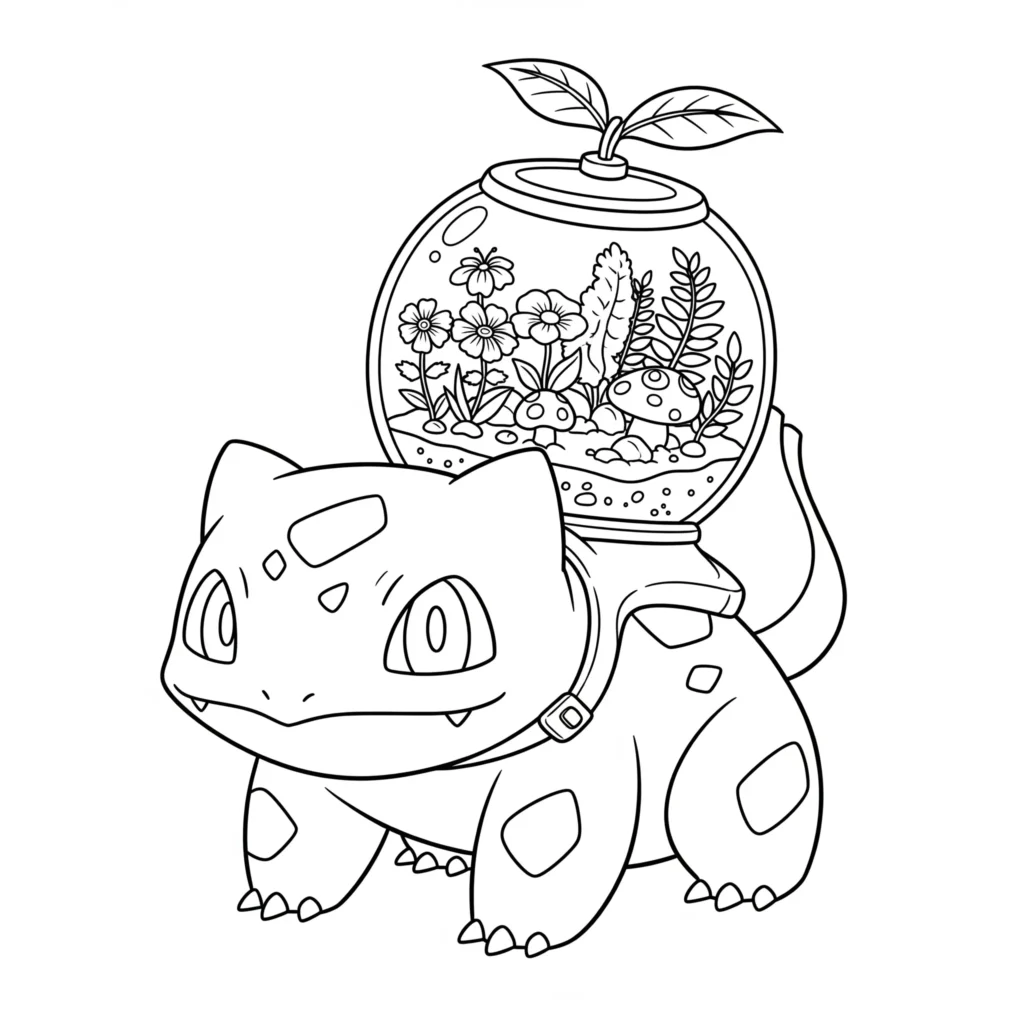 16 Bisasam Ausmalbilder (Gratis Pokémon Malvorlage drucken) Bisasam trägt ein kleines terrarium auf dem rücken – ein kreatives ausmalbild für kinder und erwachsene als kostenlose pdf-vorlage zum herunterladen