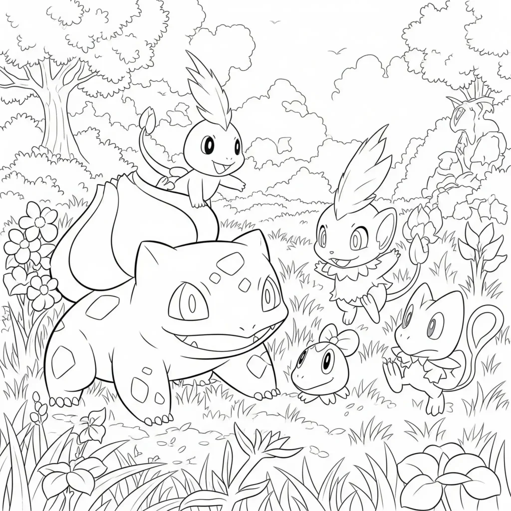 16 Bisasam Ausmalbilder (Gratis Pokémon Malvorlage drucken) Ausmalbild mit bisasam beim spielen mit anderen pflanzen-pokemon – als pdf zum ausdrucken für kinder, die spaß an mehreren figuren gleichzeitig haben