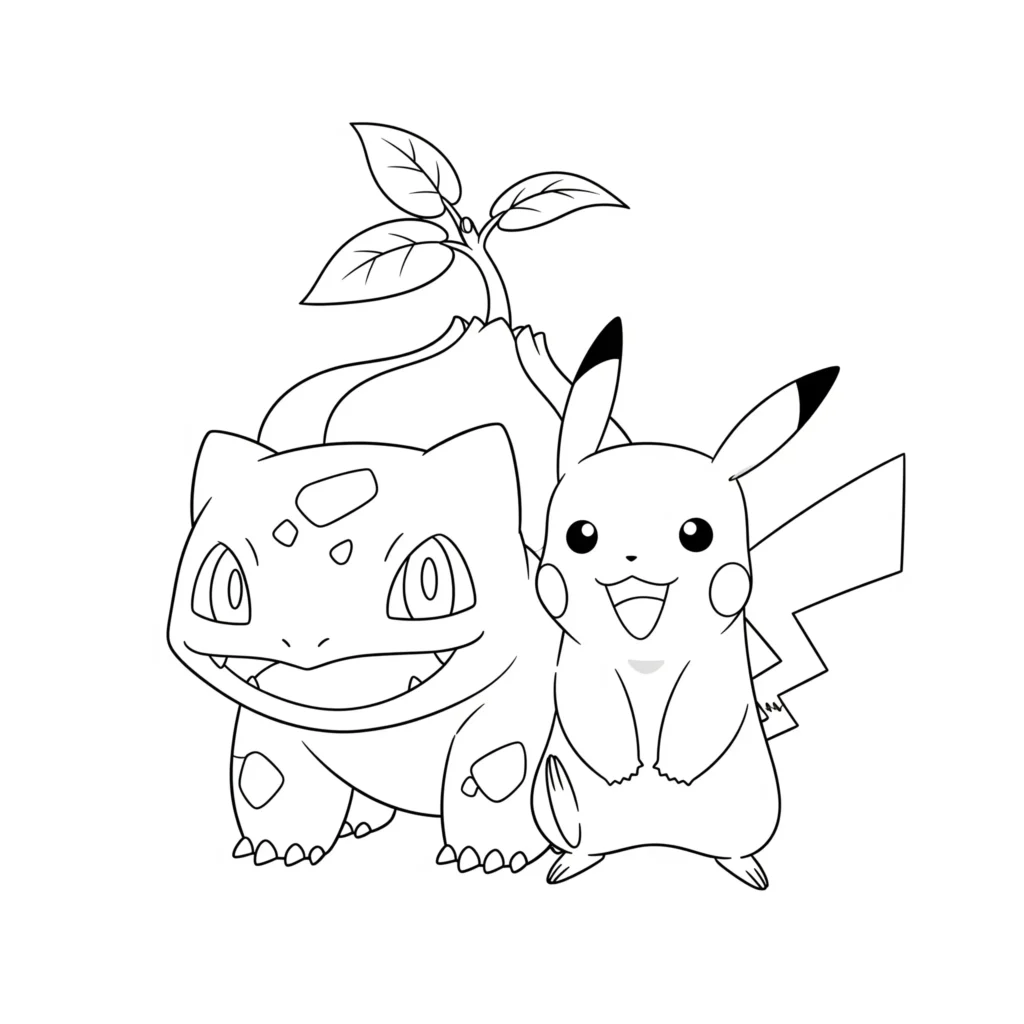 16 Bisasam Ausmalbilder (Gratis Pokémon Malvorlage drucken) Charmantes ausmalbild mit bisasam und pikachu nebeneinander, ideal als kostenlose pdf-vorlage für kinder, die zwei pokemon auf einmal malen möchten