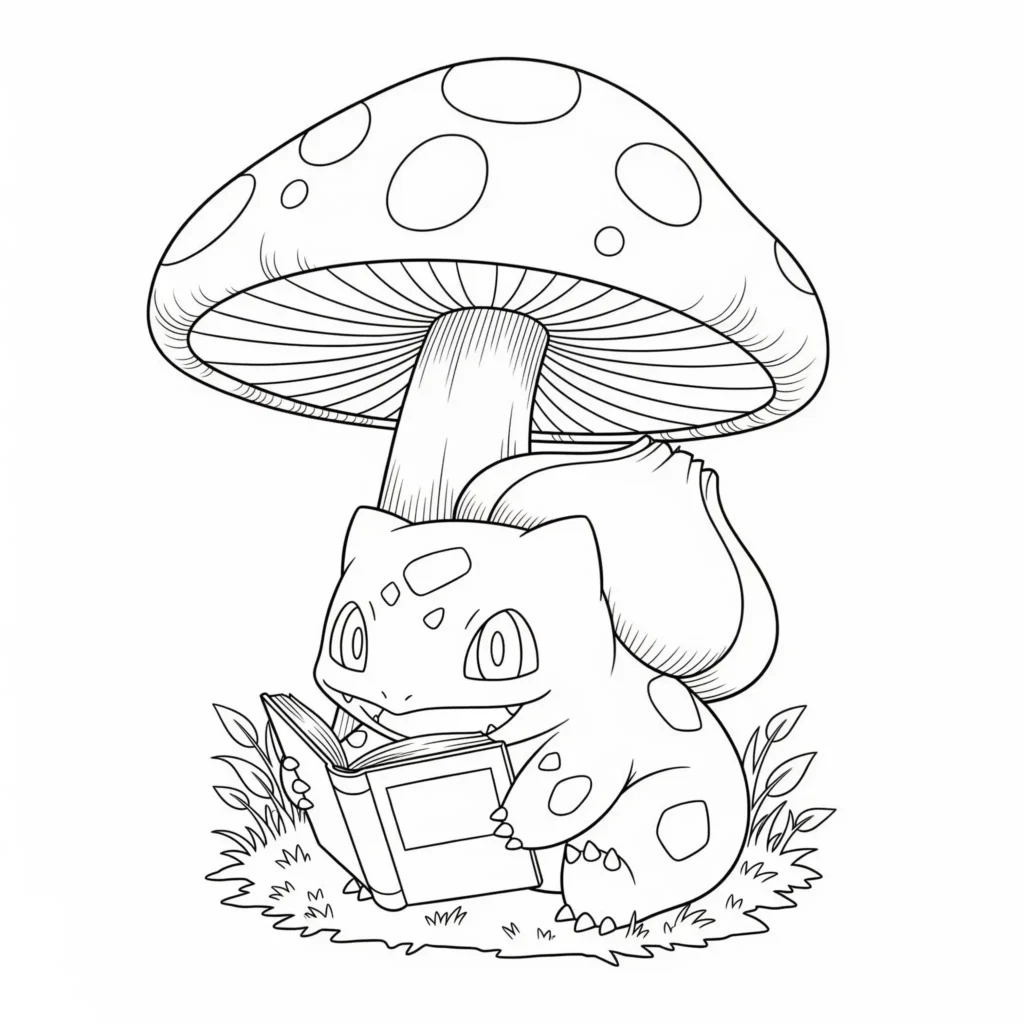 16 Bisasam Ausmalbilder (Gratis Pokémon Malvorlage drucken) Bisasam liest ein buch unter einem großen pilz – ein ruhiges ausmalbild als pdf zum ausdrucken, ideal für kinder und fans von fantasievollen motiven