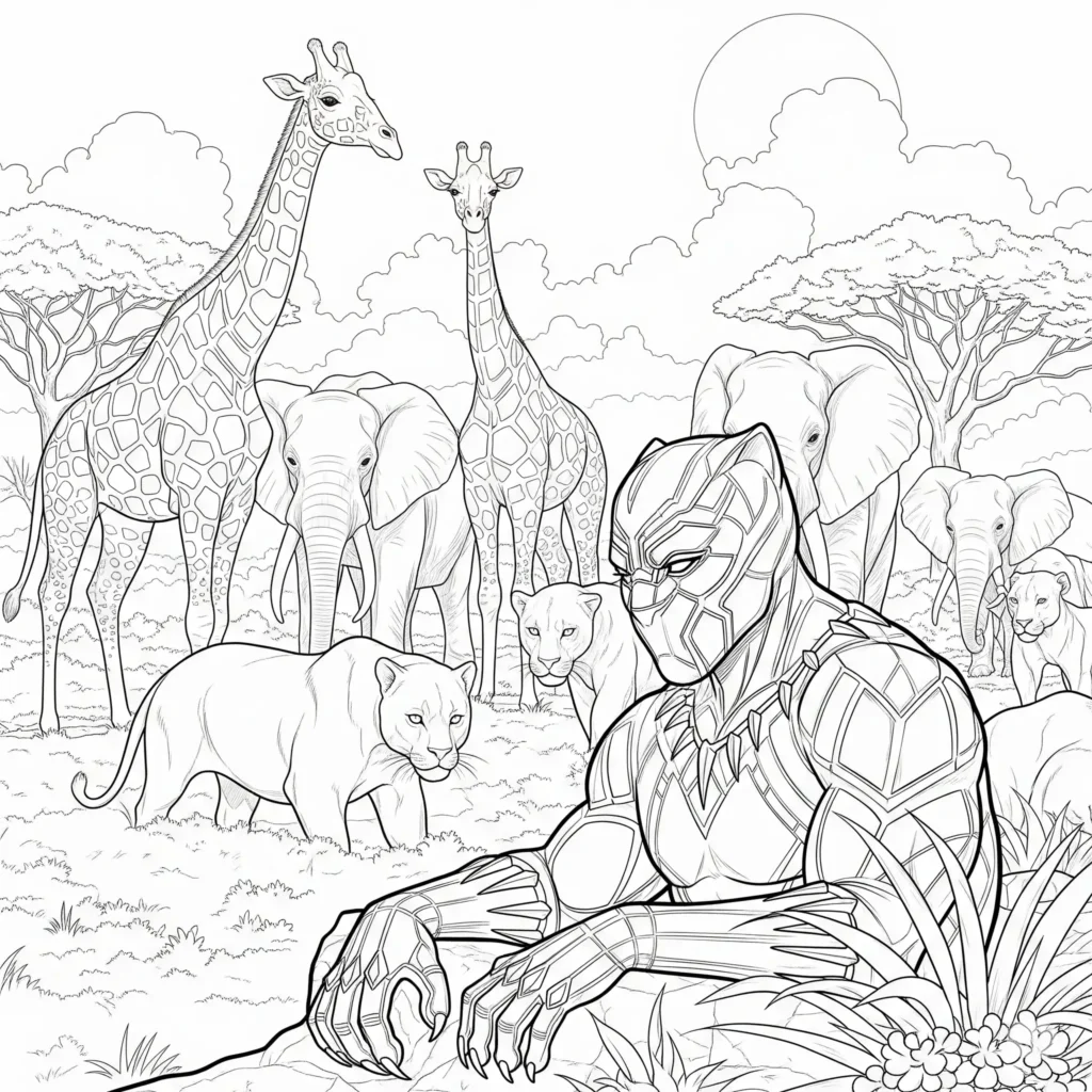 Black Panther Ausmalbilder (Gratis Malvorlage zum drucken) Black Panther Ausmalbild mit afrikanischer Tierwelt zum Ausdrucken für Kinder und Erwachsene zum Ausmalen
