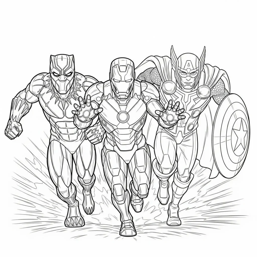 Black Panther Ausmalbilder (Gratis Malvorlage zum drucken) Black Panther und Avengers Ausmalbild in Kampfszene zum Ausdrucken für Kinder und Erwachsene mit klaren Linien zum Ausmalen