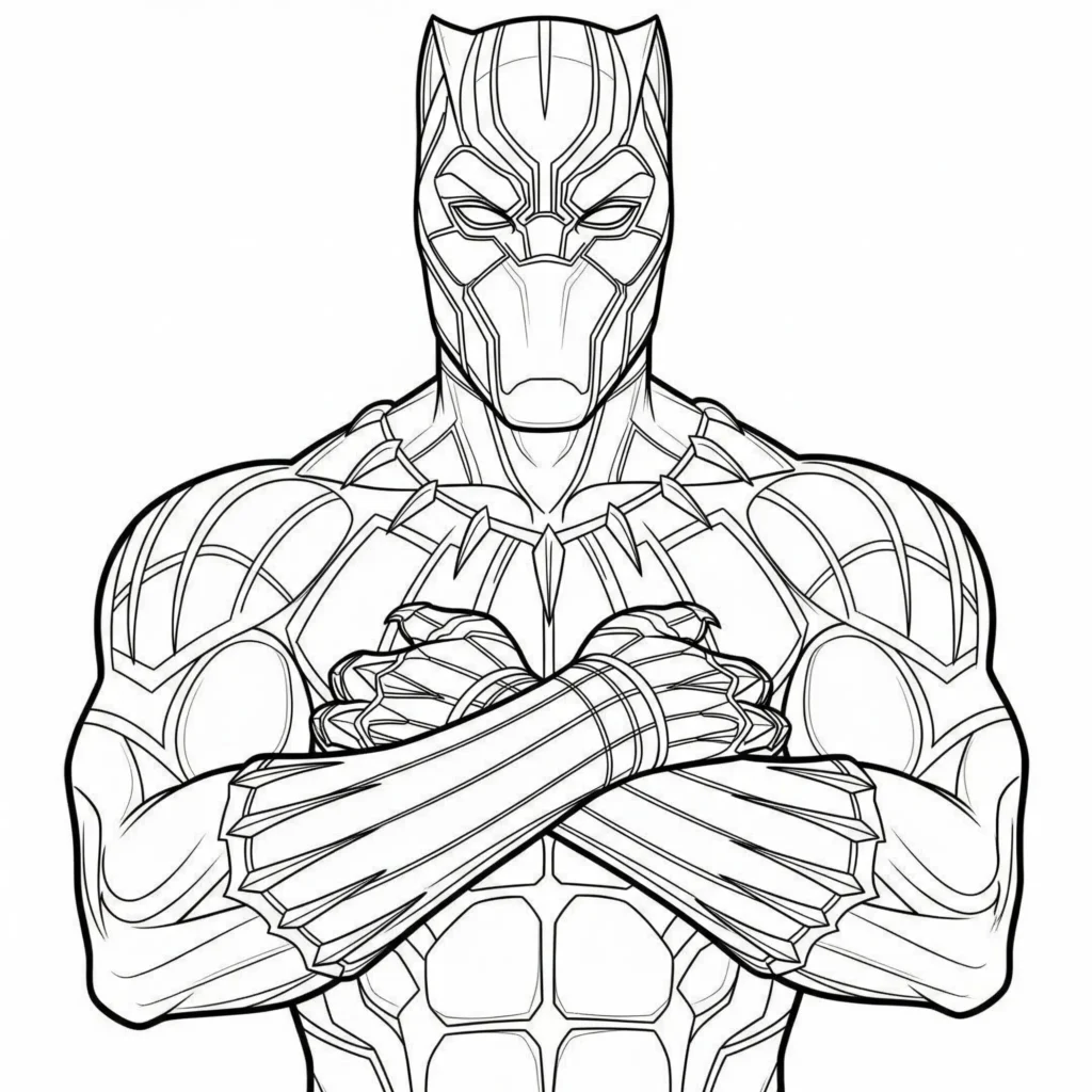 Black Panther Ausmalbilder (Gratis Malvorlage zum drucken) Black Panther Ausmalbilder in Heldenpose zum Ausdrucken für Kinder und Erwachsene mit klaren Linien zum Ausmalen