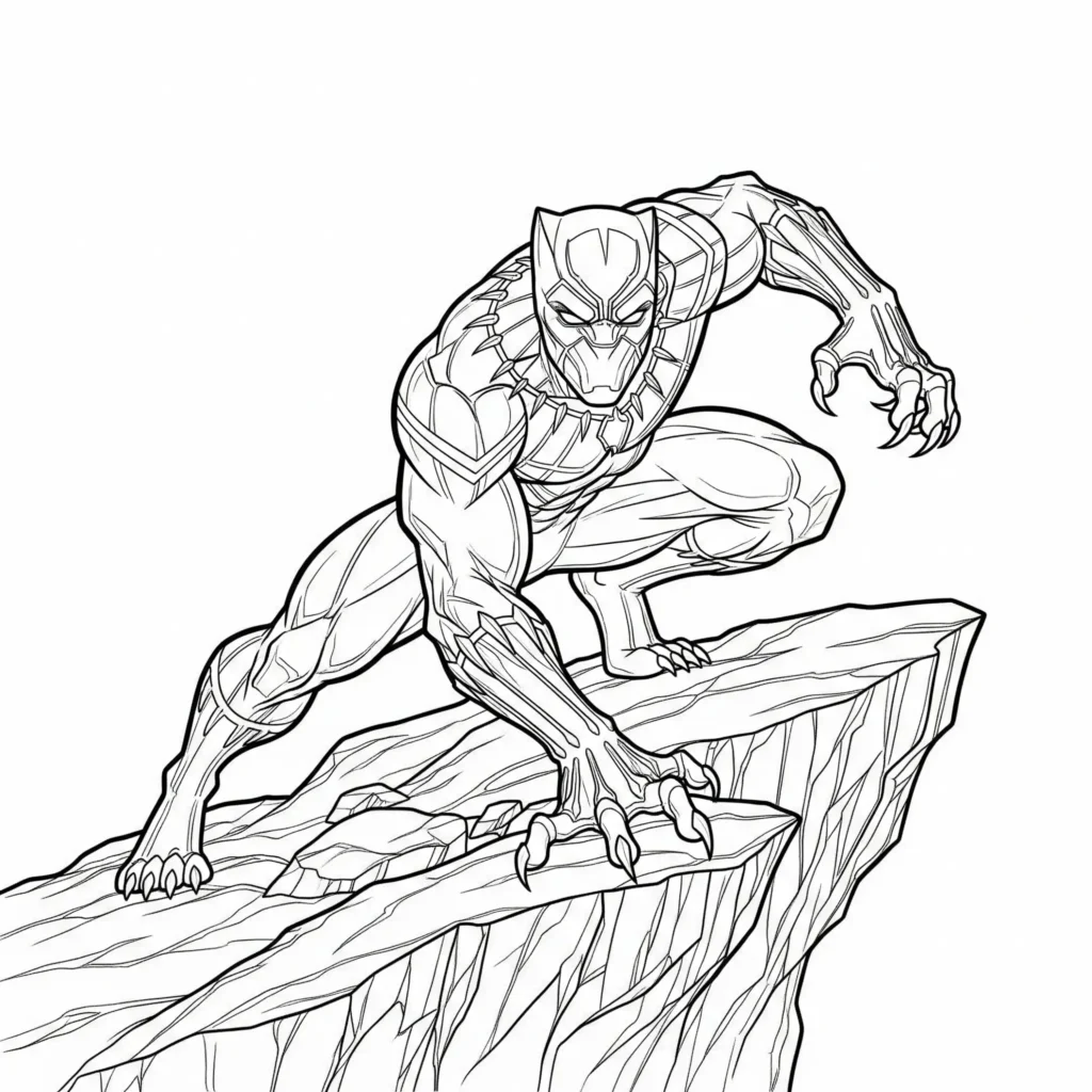 Black Panther Ausmalbilder (Gratis Malvorlage zum drucken) Black Panther Ausmalbild in Kampfhaltung zum Ausdrucken für Kinder und Erwachsene mit klaren Linien zum Ausmalen