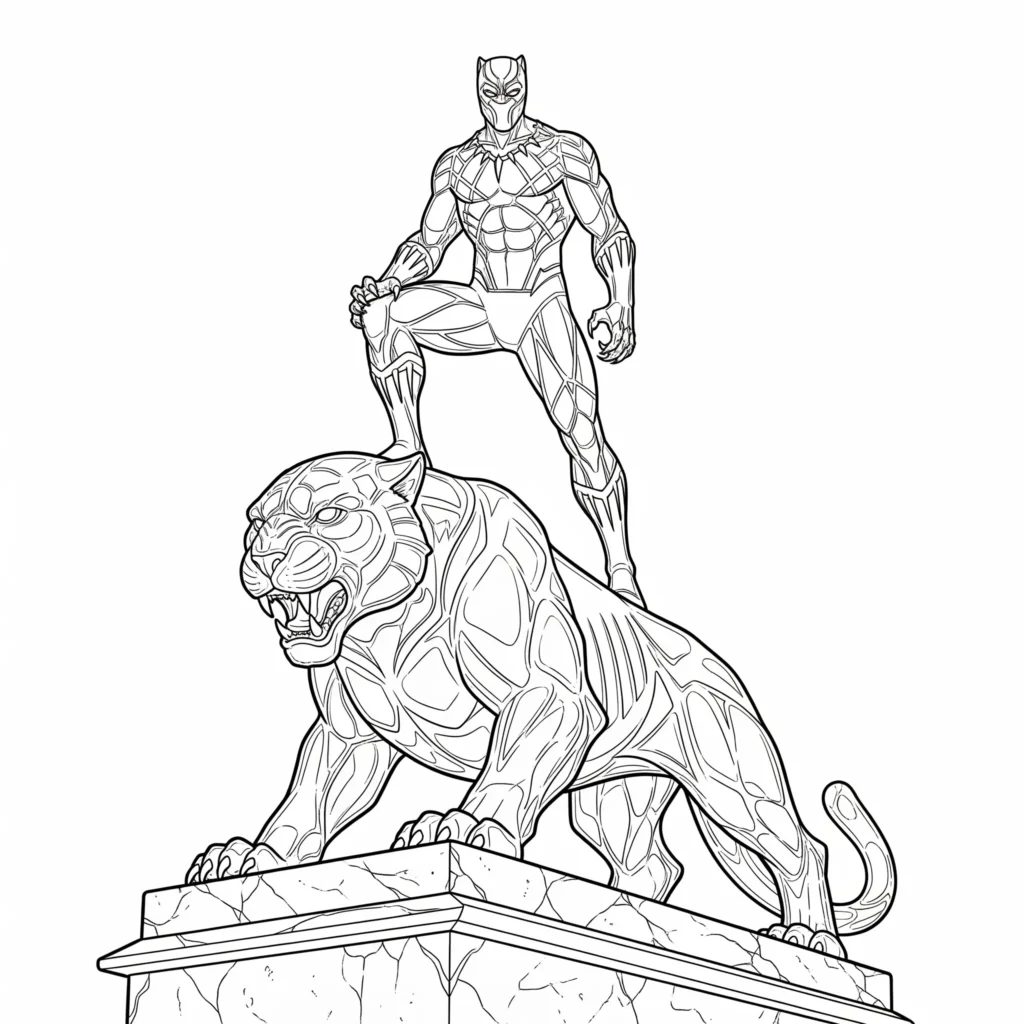 Black Panther Ausmalbilder (Gratis Malvorlage zum drucken) Black Panther Ausmalbilder mit Black Panther auf Panther Statue zum Ausdrucken für Kinder und Erwachsene zum Ausmalen