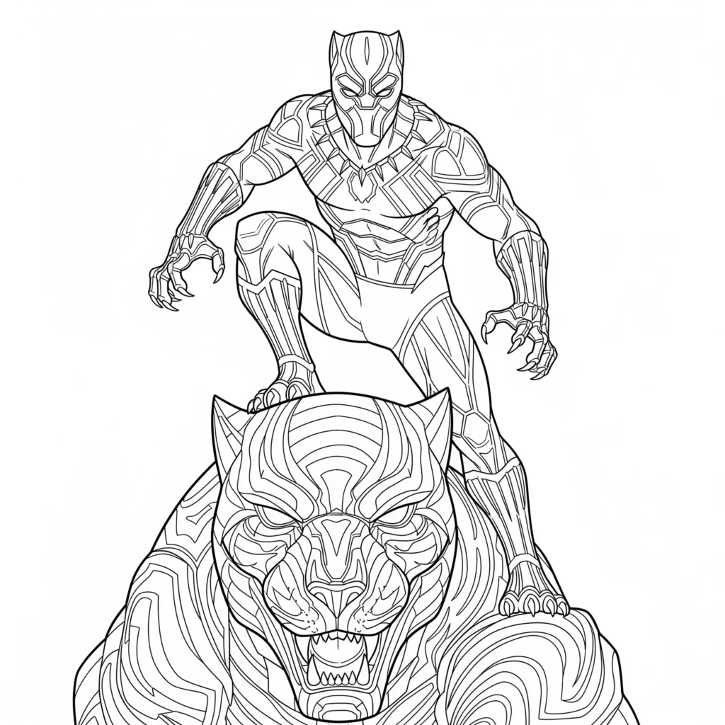 Black Panther Ausmalbilder (Gratis Malvorlage zum drucken) Black Panther Malvorlage mit Black Panther auf der Vibranium Panther Statue zum Ausmalen für Kinder und Erwachsene