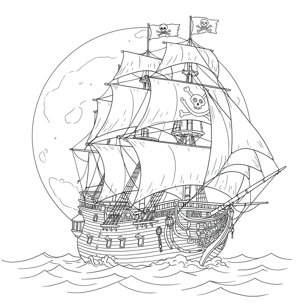 16 Piratenschiff Ausmalbilder (Gratis Malvorlage Ausdrucken) Black Pearl Piratenschiff Ausmalbild auf hoher See mit Segeln – kostenlose Piratenschiff Ausmalbilder für Kinder als PDF zum Ausdrucken
