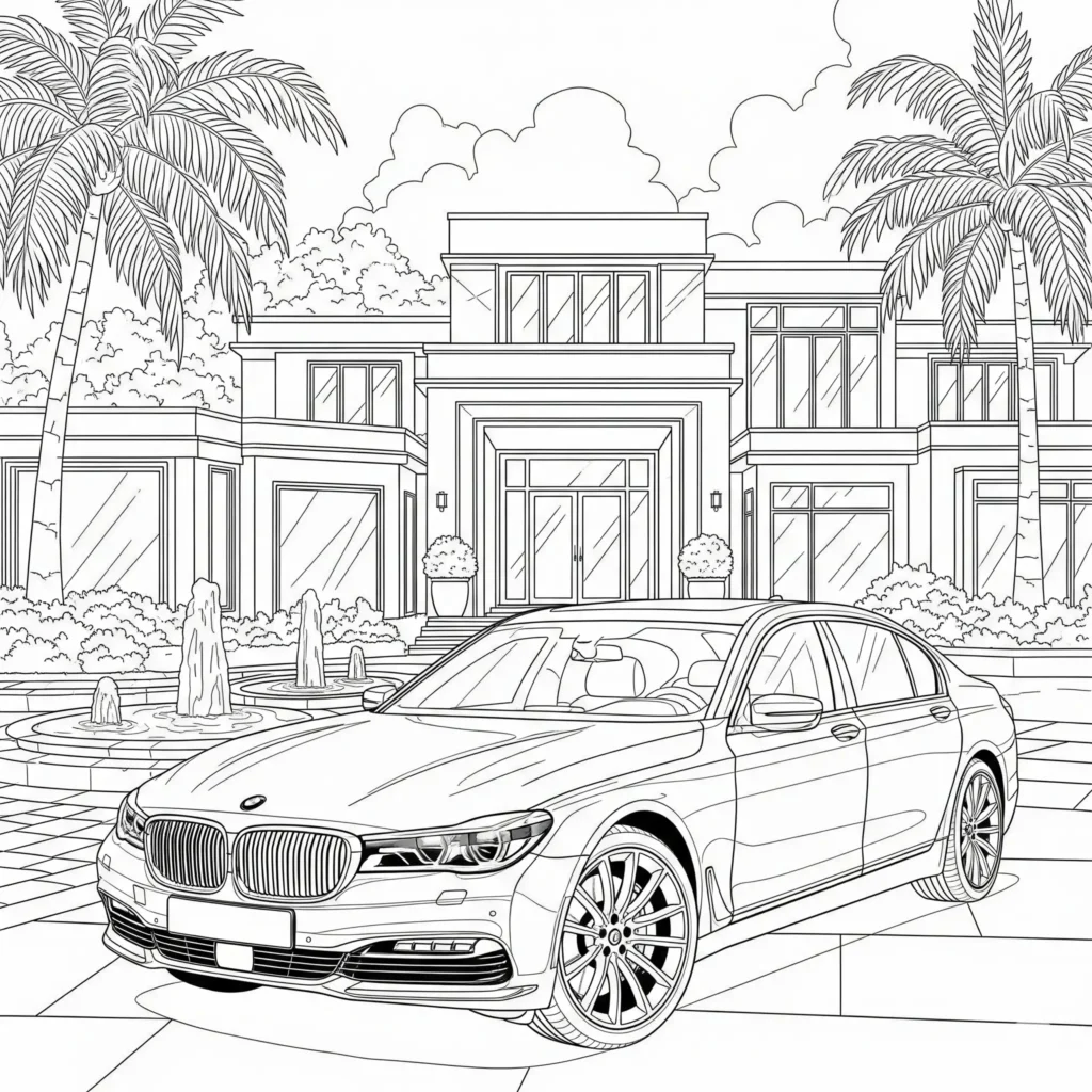 14 BMW Ausmalbilder (Kostenlose Auto Malvorlage zum Ausdrucken) BMW 7er Serie Ausmalbild vor einer luxuriösen Einfahrt, perfekt zum Ausdrucken und Ausmalen für Kinder