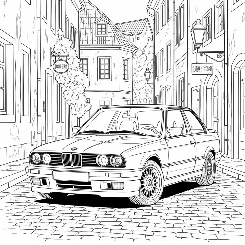 14 BMW Ausmalbilder (Kostenlose Auto Malvorlage zum Ausdrucken) BMW E30 Ausmalbild vor einer Stadtkulisse, perfekt zum Ausdrucken und Ausmalen für Kinder
