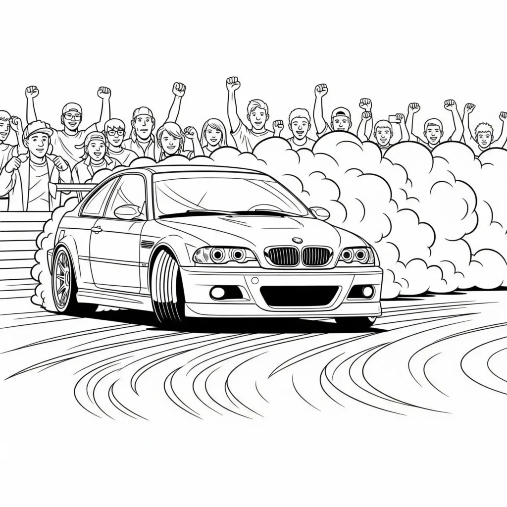 14 BMW Ausmalbilder (Kostenlose Auto Malvorlage zum Ausdrucken) BMW M3 Ausmalbild zeigt ein Auto beim Driften auf einem Parkplatz, ideal zum Ausdrucken für Kinder