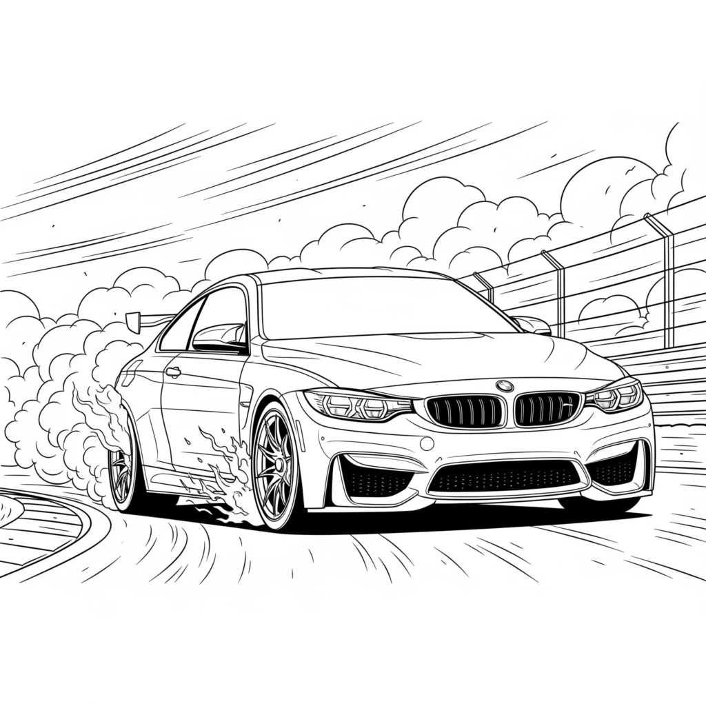 14 BMW Ausmalbilder (Kostenlose Auto Malvorlage zum Ausdrucken) BMW M4 Rennauto Ausmalbild auf der Rennstrecke, perfekt zum Ausdrucken und Ausmalen für Kinder
