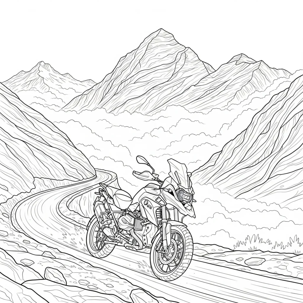 14 BMW Ausmalbilder (Kostenlose Auto Malvorlage zum Ausdrucken) BMW Motorrad Ausmalbild auf einer kurvenreichen Bergstraße zum Ausdrucken und Ausmalen für Kinder