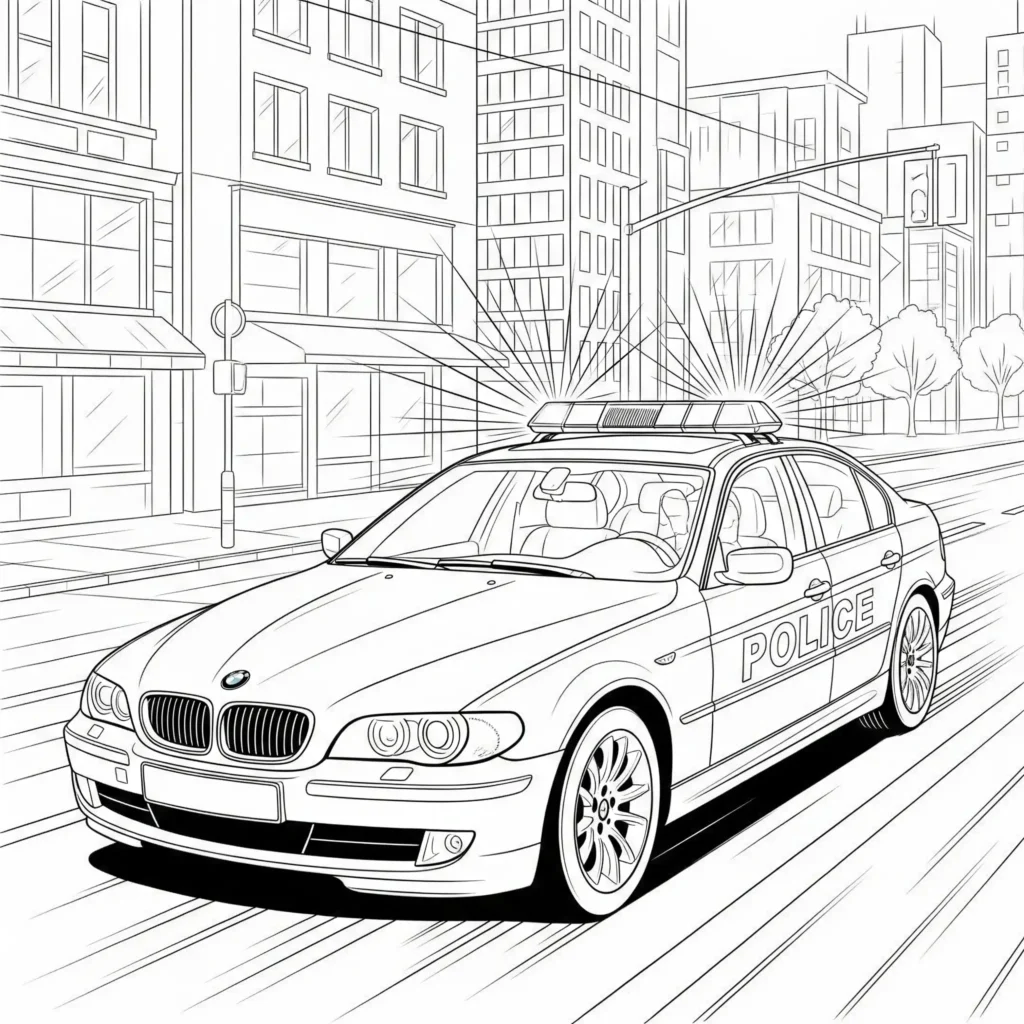 14 BMW Ausmalbilder (Kostenlose Auto Malvorlage zum Ausdrucken) BMW Polizeiauto Ausmalbild in Aktion, ideal zum Ausdrucken und Ausmalen für Kinder