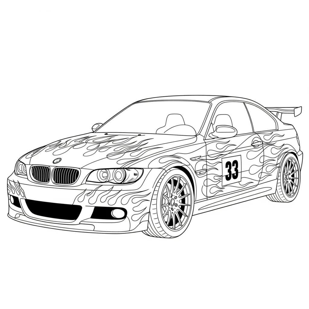 14 BMW Ausmalbilder (Kostenlose Auto Malvorlage zum Ausdrucken) BMW Ausmalbild mit markanten Rennstreifen, ideal zum Ausdrucken und Ausmalen für Kinder und Motorsportfans