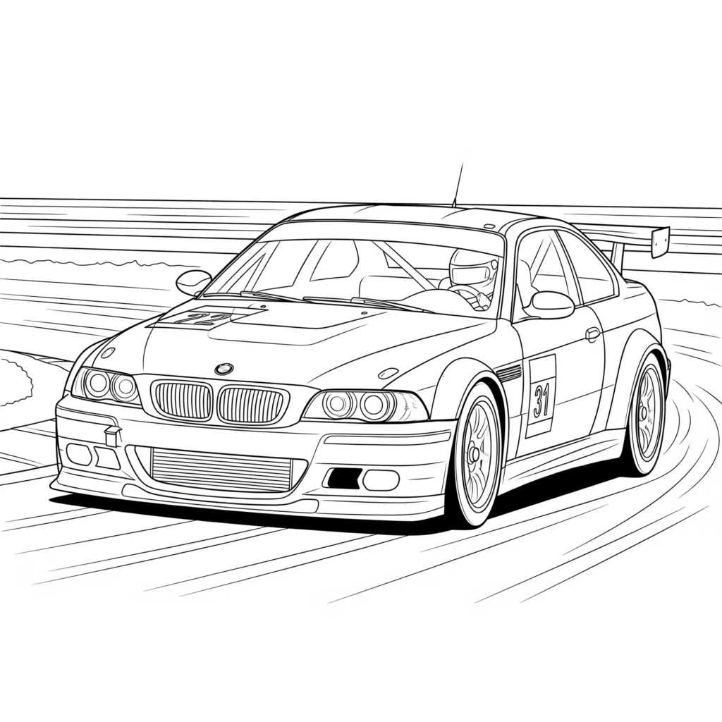 14 BMW Ausmalbilder (Kostenlose Auto Malvorlage zum Ausdrucken) BMW Ausmalbild zeigt ein Auto in einer spannenden Rennszene, perfekt zum Ausdrucken und Ausmalen für Kinder