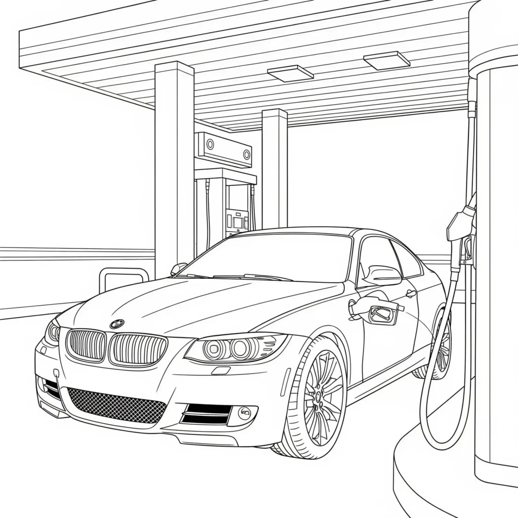 14 BMW Ausmalbilder (Kostenlose Auto Malvorlage zum Ausdrucken) BMW Ausmalbild zeigt ein Auto an der Tankstelle, ideal zum Ausdrucken und Ausmalen für Kinder
