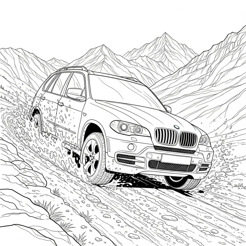 14 BMW Ausmalbilder (Kostenlose Auto Malvorlage zum Ausdrucken) BMW X5 Ausmalbild mit Off-Road-Motiv, perfekt zum Ausdrucken und Ausmalen für Kinder