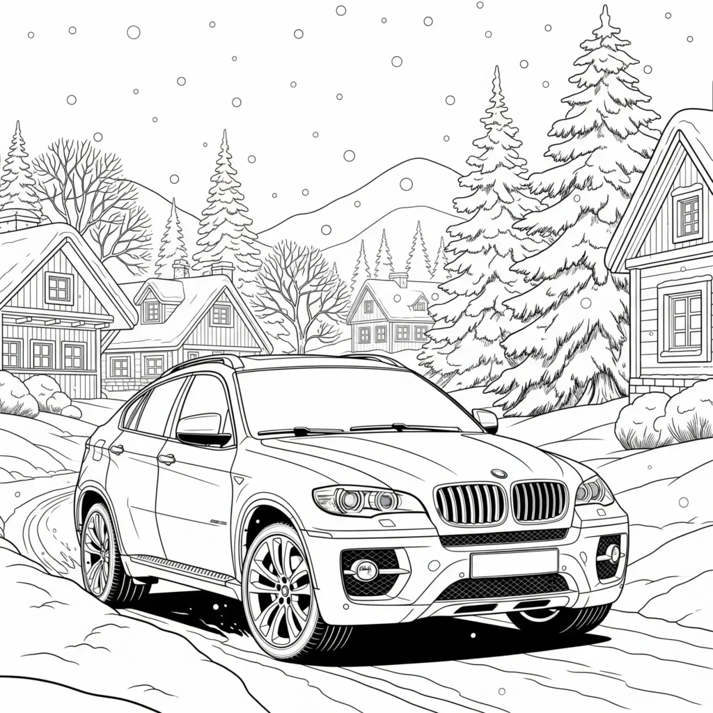 14 BMW Ausmalbilder (Kostenlose Auto Malvorlage zum Ausdrucken) BMW X6 Ausmalbild im winterlichen Schneemotiv, perfekt zum Ausdrucken und Ausmalen für Kinder