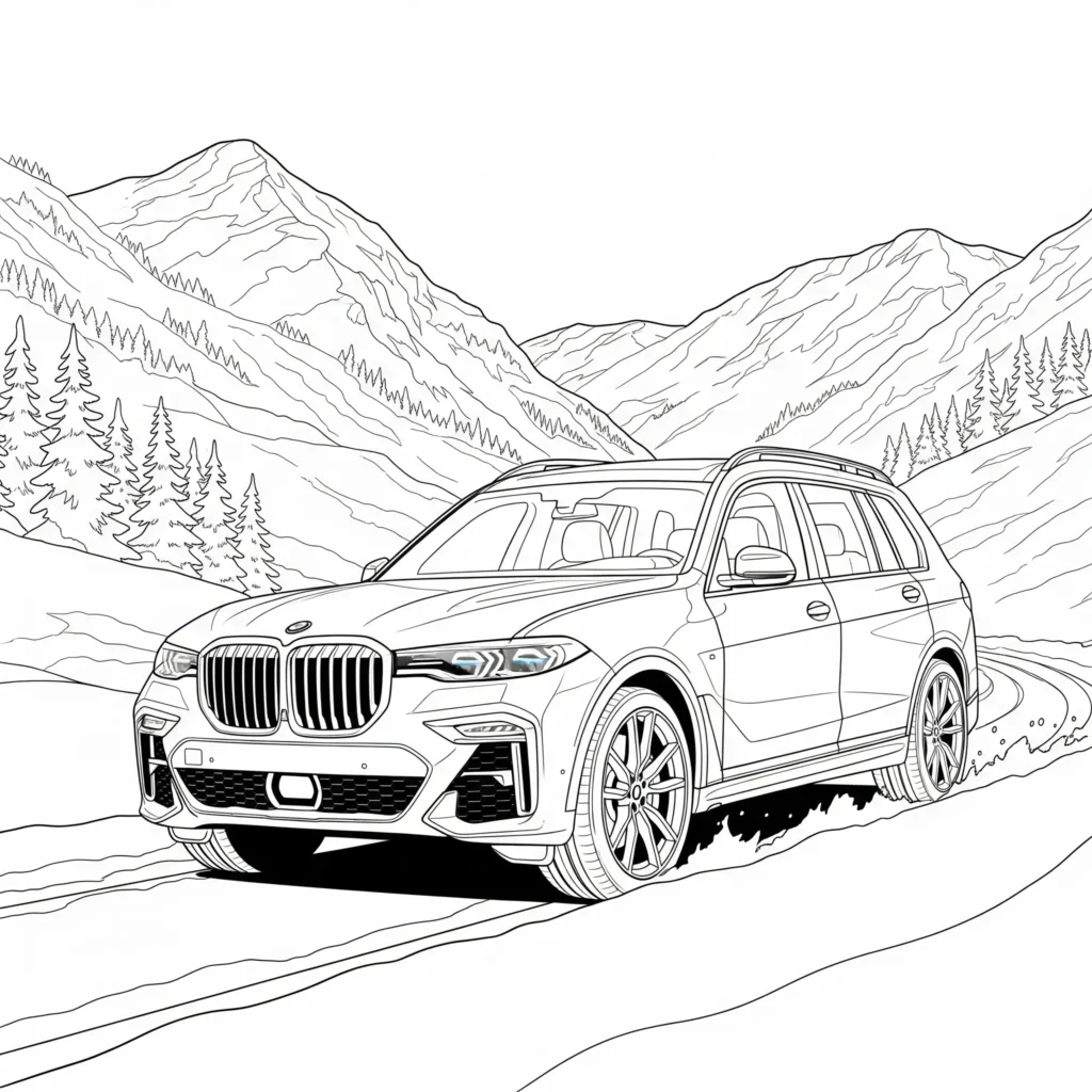 14 BMW Ausmalbilder (Kostenlose Auto Malvorlage zum Ausdrucken) BMW X7 Ausmalbild als Malvorlage zum Ausdrucken, ideal für Kinder, die große SUVs mögen