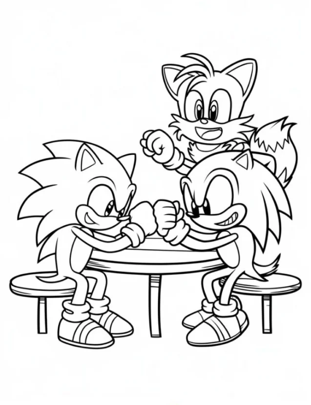 Sonic, Tails, and Knuckles coloring pages – Free Printable for Kids & Adults both arm wrestling while Tails cheers them up from behind
