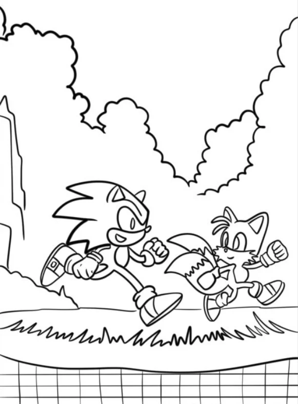Sonic, Tails, and Knuckles coloring pages – Free Printable for Kids & Adults both racing one another through a greenery-filled hill zone
